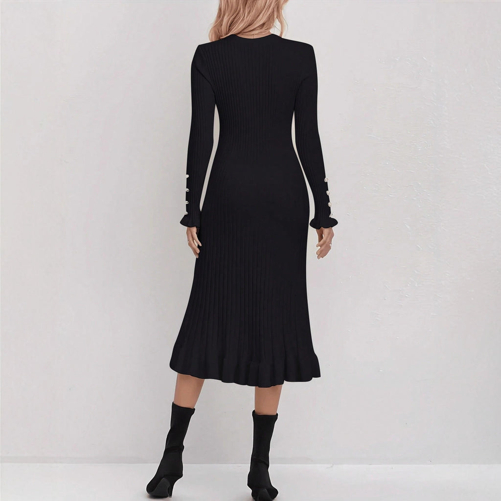 Elegant Casual Knitted Dress for Women, Solid Color Simple Versatile Dress