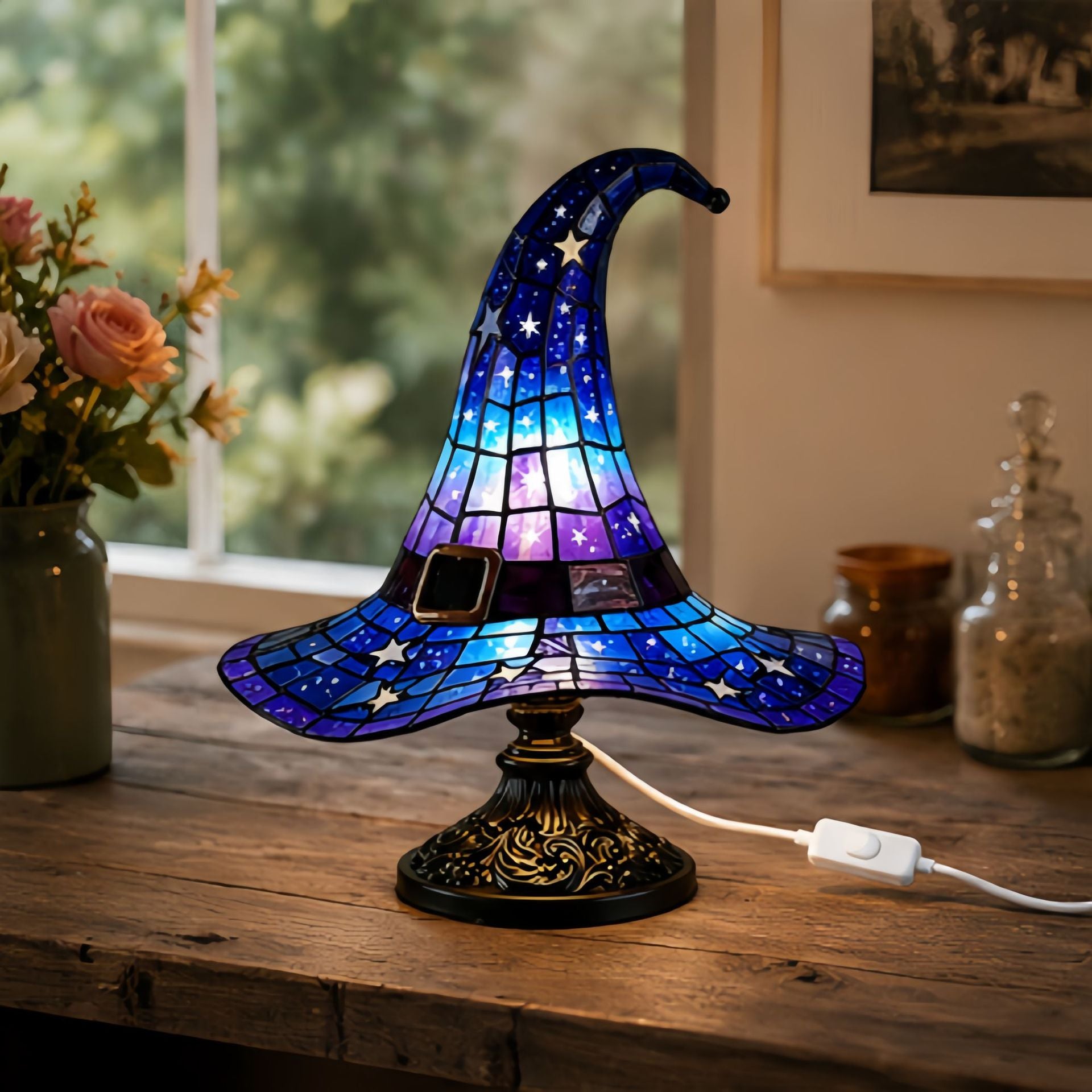 Halloween Witch Hat Lamp Resin Decor USB Plug Light Decoration