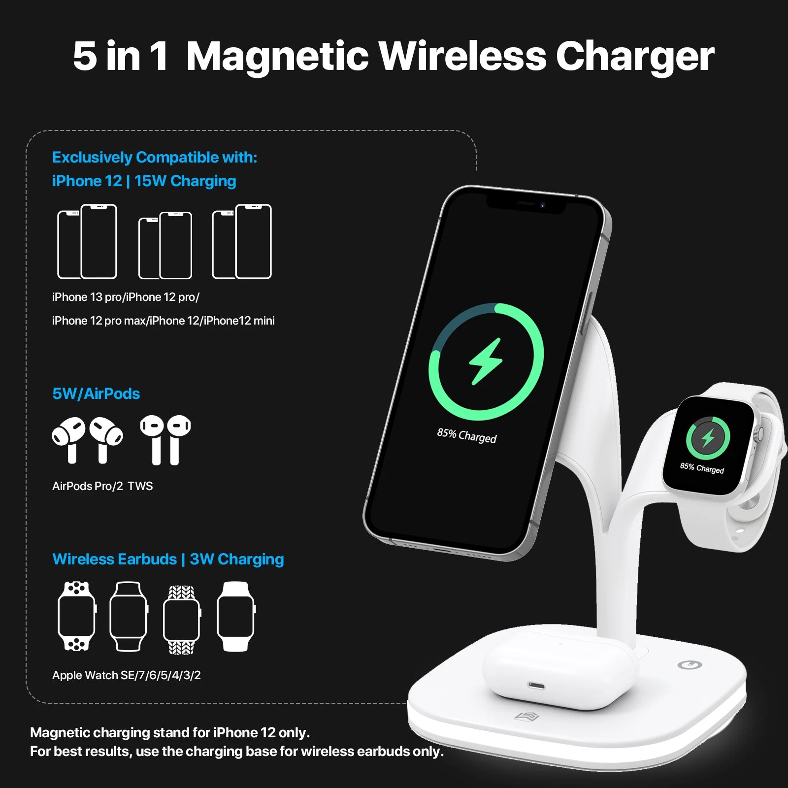 3 in 1 Fast Wireless Charging Station for Iphone 14 13 12 With Led Lamp Magnetic Wireless Charger