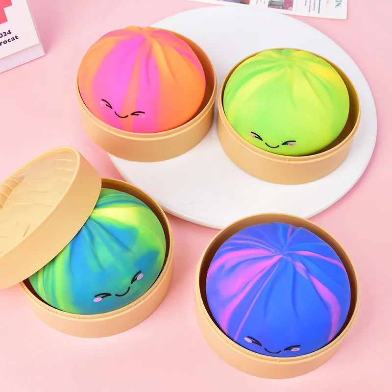 Rainbow Dumpling Squishes Stress Balls Fidget Sensory Toys Simulation Food Squishy Bun with Steamer Squeeze Toy Fans Gift
