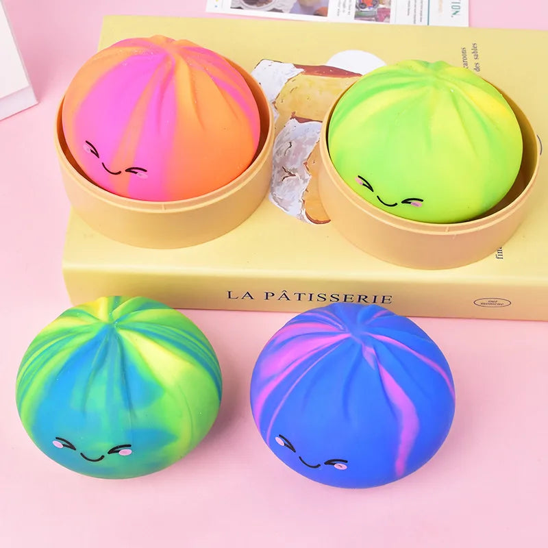 Rainbow Dumpling Squishes Stress Balls Fidget Sensory Toys Simulation Food Squishy Bun with Steamer Squeeze Toy Fans Gift