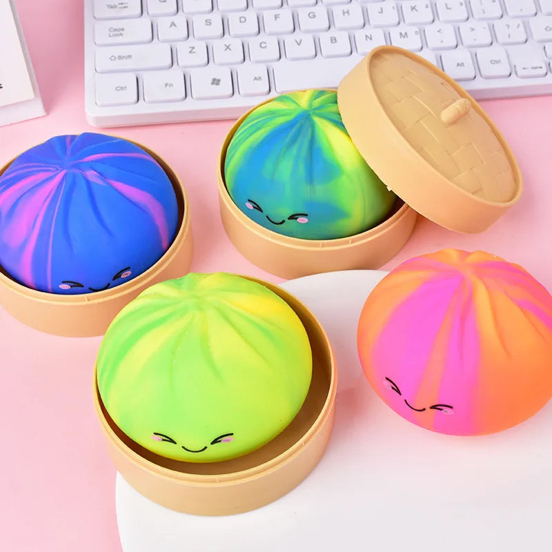 Rainbow Dumpling Squishes Stress Balls Fidget Sensory Toys Simulation Food Squishy Bun with Steamer Squeeze Toy Fans Gift