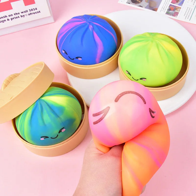 Rainbow Dumpling Squishes Stress Balls Fidget Sensory Toys Simulation Food Squishy Bun with Steamer Squeeze Toy Fans Gift
