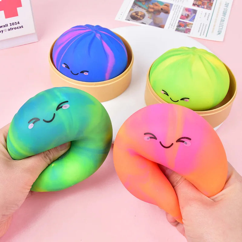 Rainbow Dumpling Squishes Stress Balls Fidget Sensory Toys Simulation Food Squishy Bun with Steamer Squeeze Toy Fans Gift